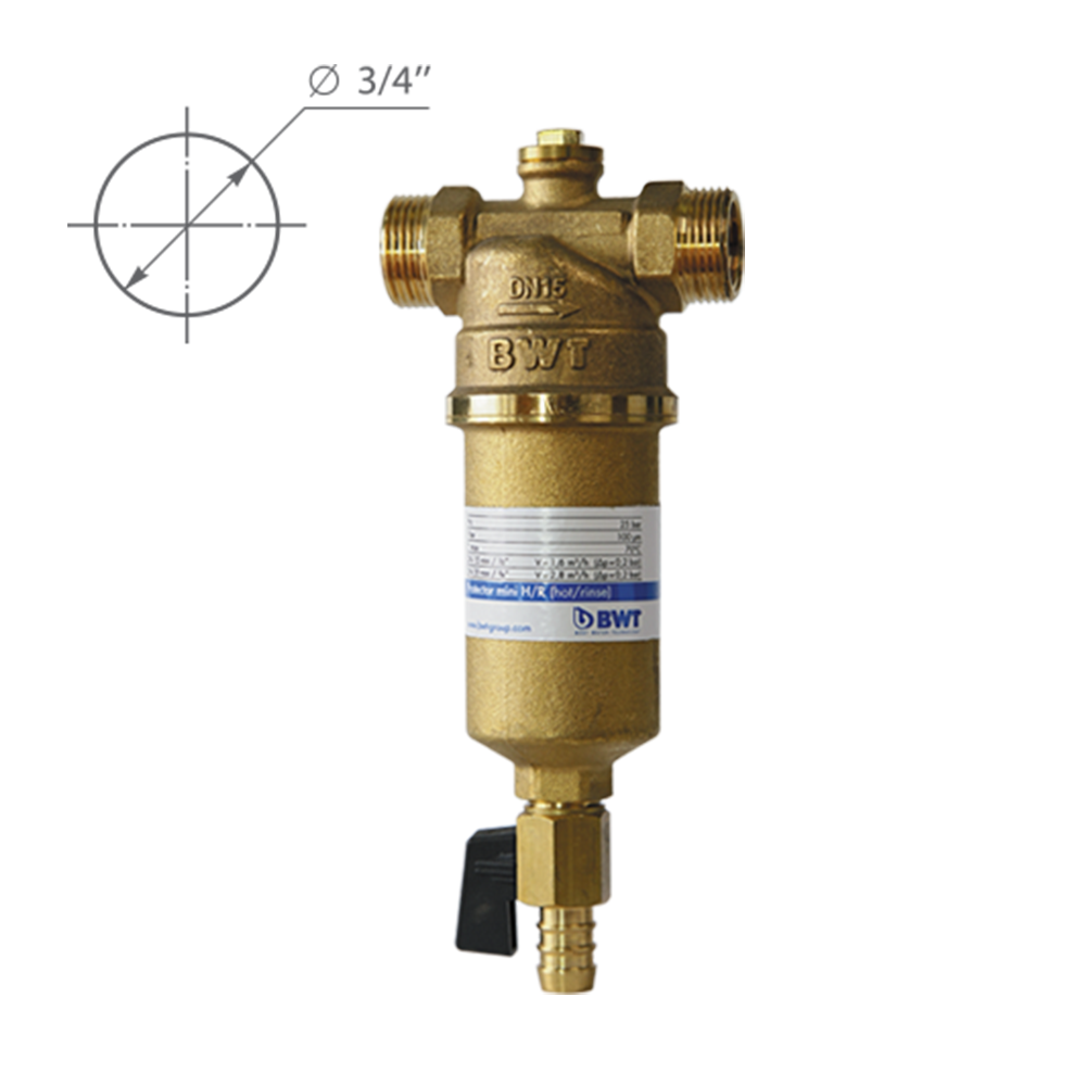 Магистральный фильтр BWT Protector Mini для горячей воды 3/4", прямая промывка Магистральный фильтр BWT Protector Mini для горячей воды 3/4", прямая промывка